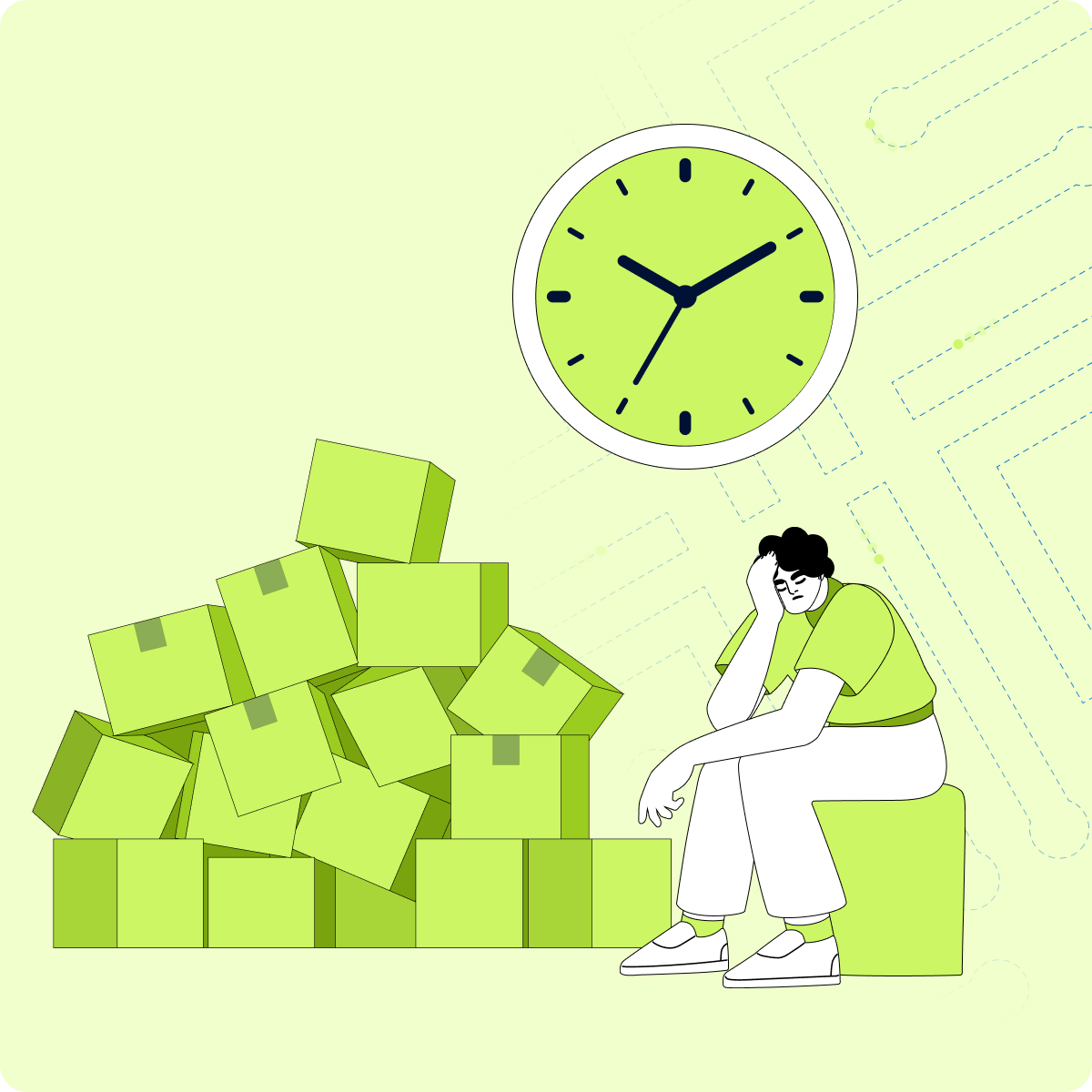 Illustration of worker frustrated because a system is down. They are surrounded by boxes piling up and a clock, showing the importance of needing to reduce downtime.